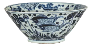 Blue and White Chinese Porcelain Bowl with Fish Motif, Hand-Painted Decor