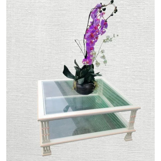 Wood Vintage Thomasville Style Square Faux Bamboo Off White Pink Triple Leg Glass Top Coffee Table For Sale - Image 7 of 10