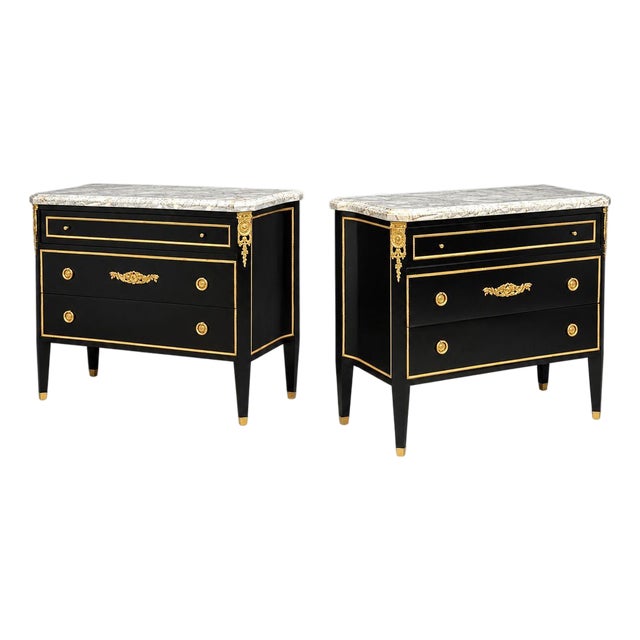 Louis Xvi, Hollywood Regency, Commodes, Ebonized, Bronze, Marble, 20th C. For Sale
