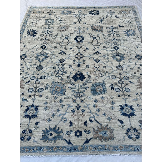 2000 - 2009 Oushak Handmade Wool Rug With Blue and Ivory Floral Design For Sale - Image 5 of 12