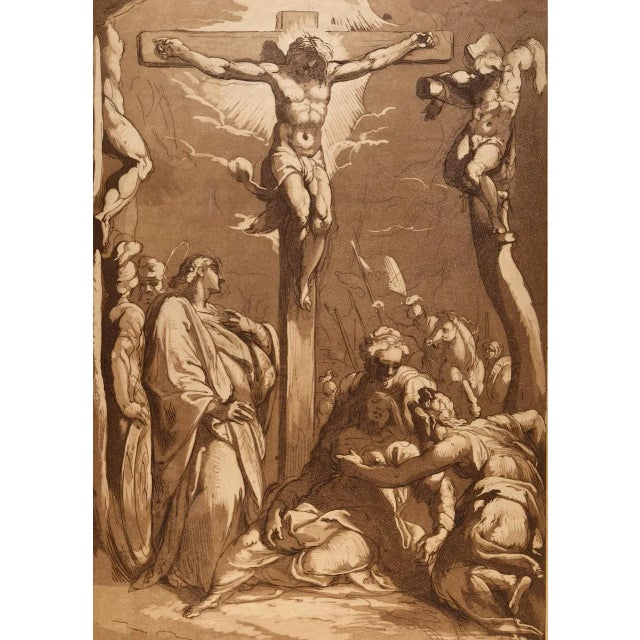 "Crucifixion" is an etching and aquatint, printed in brown ink by Conrad M. Metz after a painting by Daniele da Volterra....