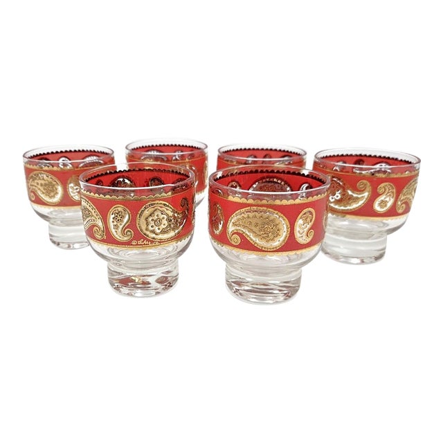 Superb Culver Red Paisley 22k Gold Glassware Set of 6 Mid Century 1960s For Sale