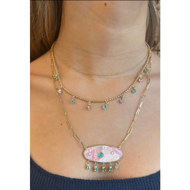 2020s Rhodochrosite Necklace With Emeralds & Diamonds on Large 14k Gold Paperclip Chain For Sale - Image 5 of 10