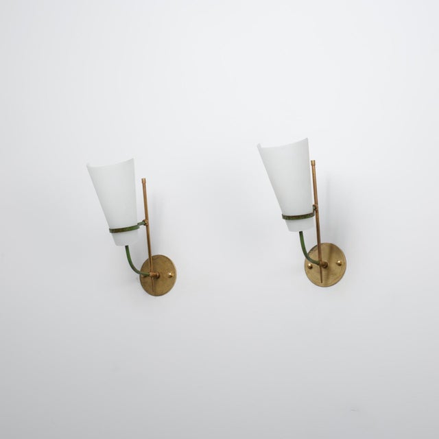Italian Wall Sconces in Brass, Green Metal and Opaline Glass, 1950s, Set of 2 For Sale - Image 4 of 10