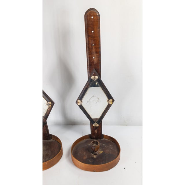 Wood 19th Century Rare Pair of Shaker or Sailor Made Mirrored Candle Sconces For Sale - Image 7 of 18