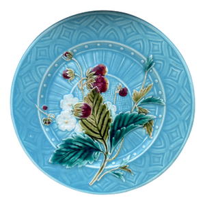 Aqua Majolica Strawberries Plate Sarreguemines, Circa 1880