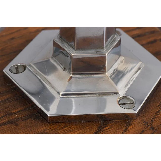 Glass British Art Deco Table Lamp on Hexagonal Base with Opal Skyscraper Shade, 1930 For Sale - Image 7 of 8