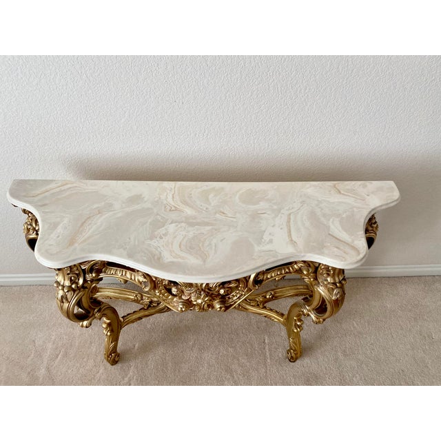 French Louis XV Style Vintage Giltwood Rococo Carved Console Table Vintage For Sale - Image 11 of 15