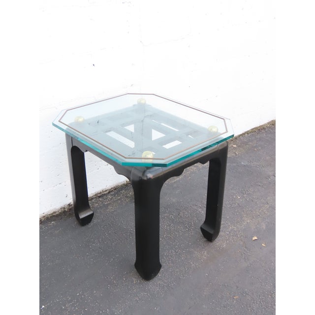 Hollywood Regency Black Painted Glass Top Side Tables a Pair 6901 For Sale - Image 10 of 18
