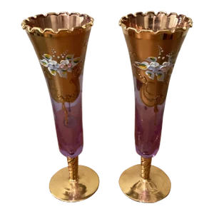 Vintage Set of 2 Trefuochi Glasses Flute Light Amethyst Murano Style, Venezia Italy