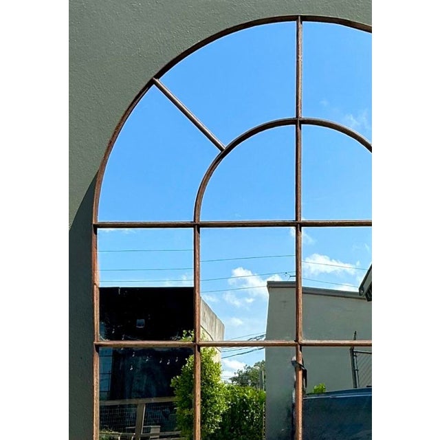 Vintage Monumental Arched Wrought Iron Mirror With Patinated Mullion Detail For Sale In West Palm - Image 6 of 12