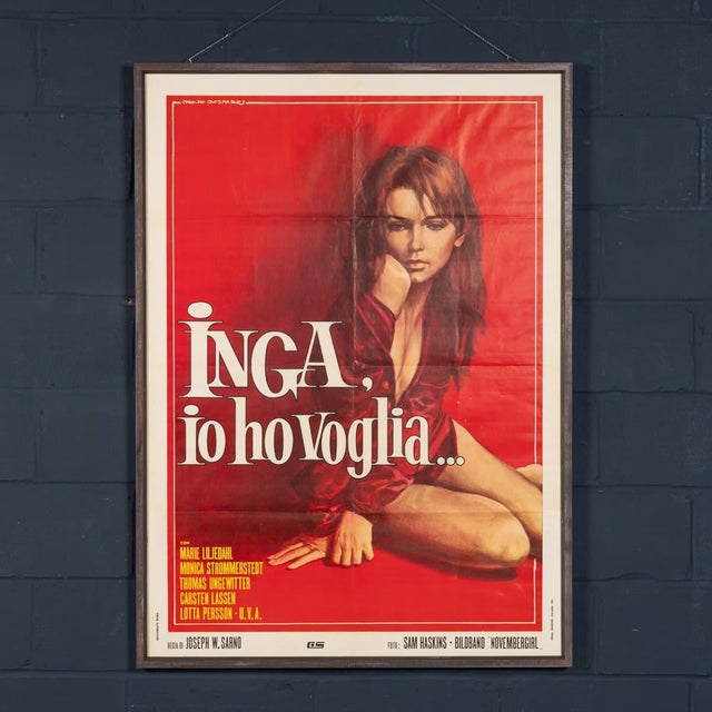 An original italian film poster for inga, io ho voglia\. ("inga, i have desire\."), issued in 1971 for the italian release...