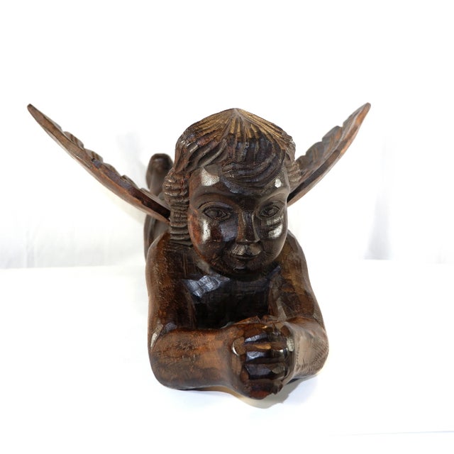Brown Antique Large Wood Carved Angel W/Trumpet Paper Mache Mold For Sale - Image 8 of 13