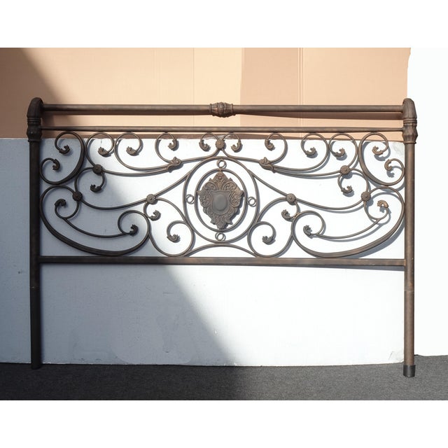 2000 - 2009 Brown Metal King Sleigh Bed Set Frame Headboard Medalion and Ornate Scrolls For Sale - Image 5 of 18