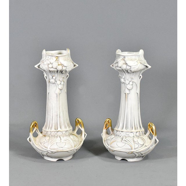 Pair of Art Nouveau Vases Royal Dux Bohemia A lovely pair of Art Nouveau vases in biscuit porcelain with relief and...