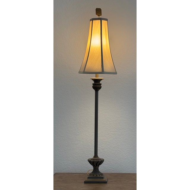 Metal Vintage Taupe Crackled Finish Buffet Lamp With Shade For Sale - Image 7 of 7