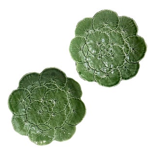 1960s Set of 2 Portuguese Majolica Cabbage Leaf Plates For Sale