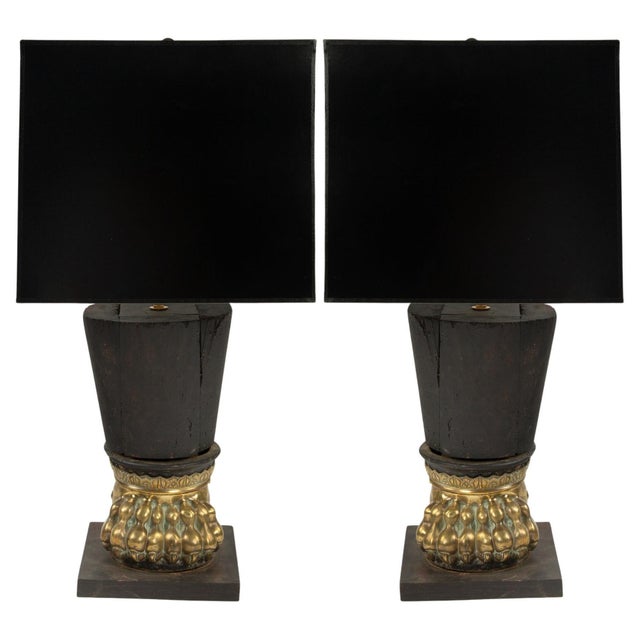 Rare Pair of Italian Bronze and Wood Table Lamps with Lion Paw Bases, 19th Century A rare and striking pair of 19th-...