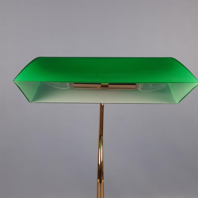 Gold Banker Table Lamp in Polished Brass with Satin Green Glass Shade, 1970s For Sale - Image 8 of 16