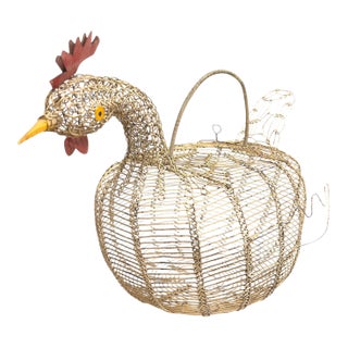Vintage Wire Folk Art Rooster Egg Basket For Sale