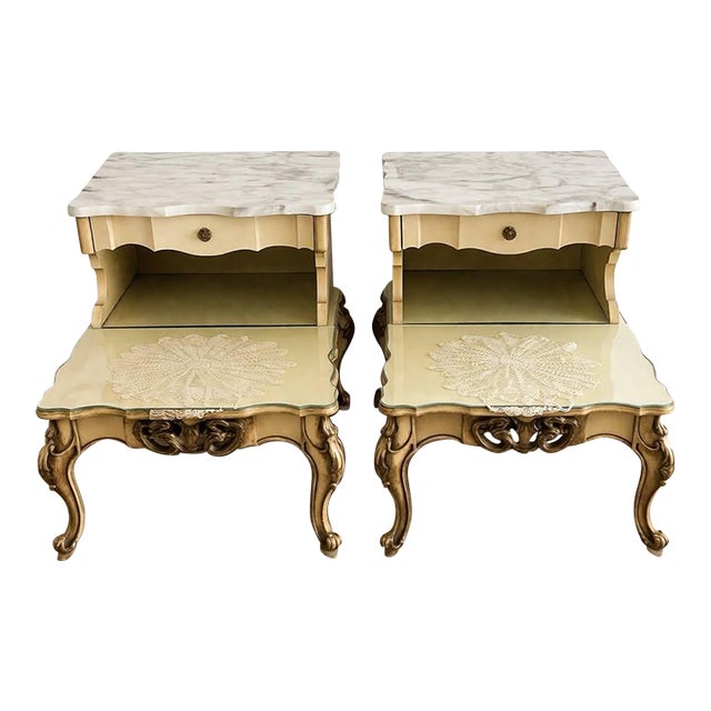 1960s Vintage French Provincial Marble End Tables, Pair For Sale