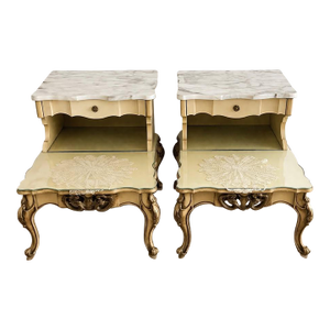 1960s Vintage French Provincial Marble End Tables, Pair