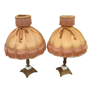 Louis XVI Style Table Lamps in Brass with Fringed Shades, 1970s, Set of 2 For Sale