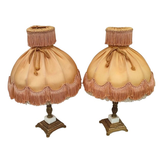 Louis XVI Style Table Lamps in Brass with Fringed Shades, 1970s, Set of 2 For Sale