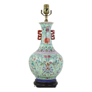 Vintage Chinese Famille Rose Lime Green Porcelain Vase Lamp With Lotus and Peony Scrollwork For Sale