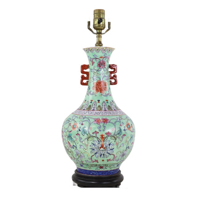 Vintage Chinese Famille Rose Lime Green Porcelain Vase Lamp With Lotus and Peony Scrollwork For Sale