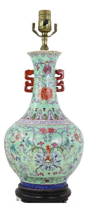 Vintage Chinese Famille Rose Lime Green Porcelain Vase Lamp With Lotus and Peony Scrollwork