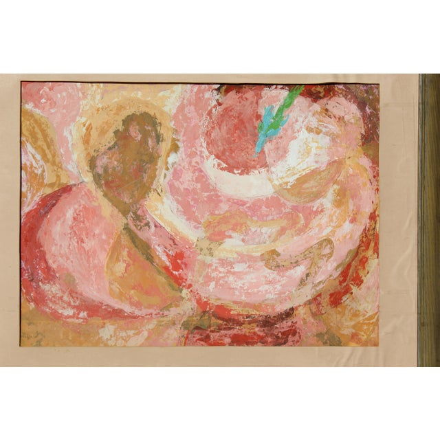 Mid-century abstract painting of an woman. The piece is rendered in oil paint on board. Artist: Possibly Sherry Hall.