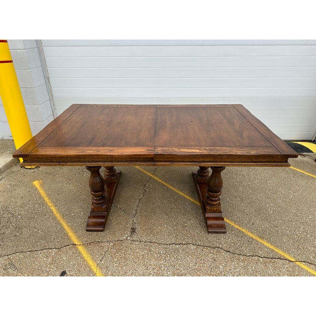 Wood Solid Oak Vintage Trestle Diningroom Table For Sale - Image 7 of 8
