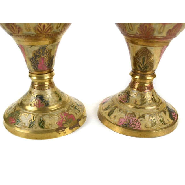 Brass Mid 20th Century Vintage Hand Crafted Solid Brass Kashmiri Floral Enamel Motif Vase With Raffle Edges- a Pair For Sale - Image 8 of 9