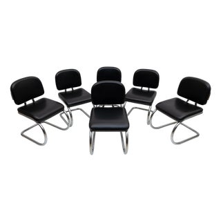 Bauhaus-Style Leatherette and Metal Chromed Cantilever Dining Chairs, 1970, Set of 6 For Sale