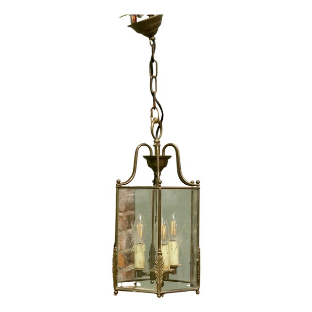 Art Deco Style Brass and Etched Glass Lantern, 1920 For Sale