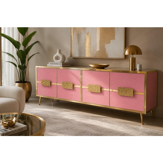 Glossy Pink Glass and Brass Sideboard from Justfurnituress SRL For Sale - Image 12 of 13