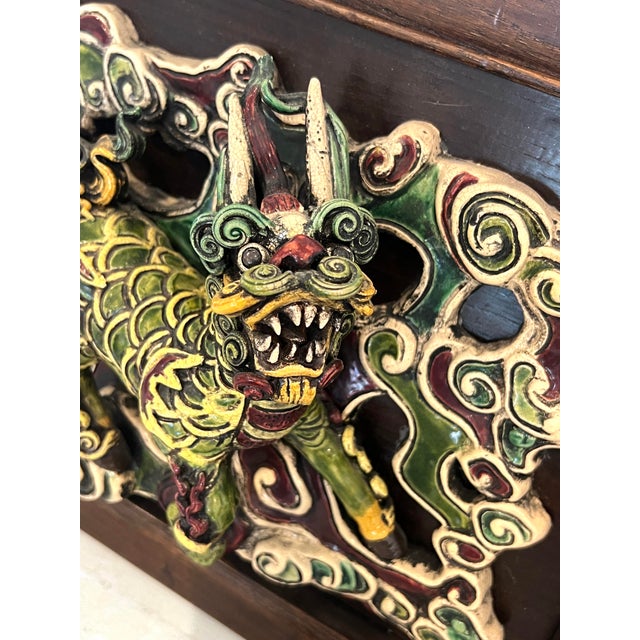 Mounted Antique Chinese Mythical 'Scaled Qilin' Dragon, Glazed Shiwan Tile, Framed Wall Hanging For Sale In Tampa - Image 6 of 11