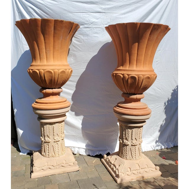 Pair of Large Terracotta Italian Urns "Ref Impruneta " on Carved Jodhpur Sandstone Pedestals For Sale - Image 11 of 13