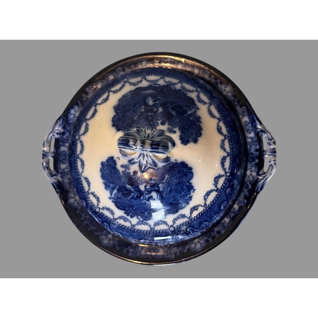 Late 19th Century Antique English Watteau Flow Blue Porcelain Covered Serving Dish Tureen For Sale - Image 5 of 12