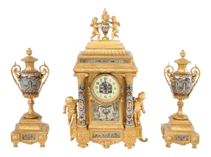 Late 19th Century French Dore Bronze Mounted / Champleve Garniture Set - 3 Pieces