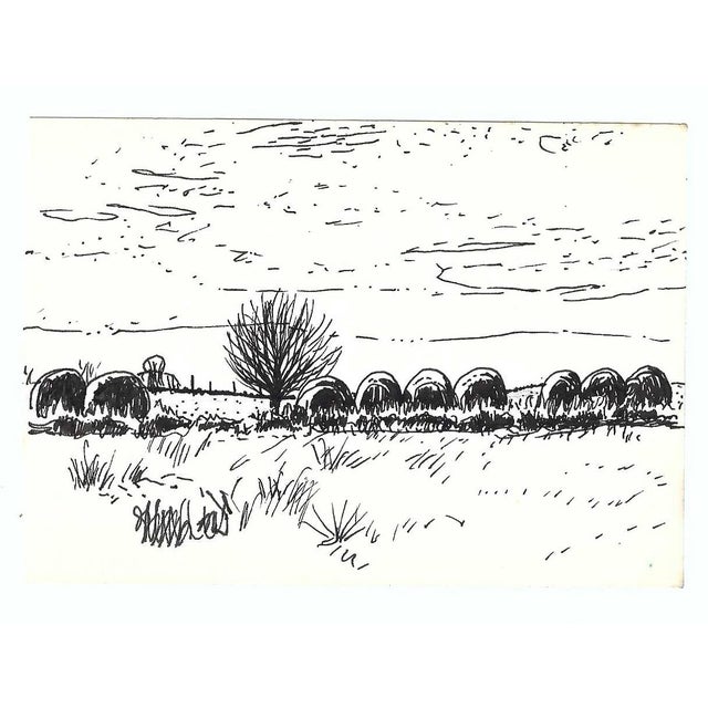 Drawing on paper of a Kentucky farm with hay bales by Robert Henry Angeloch (1922-2011). Location written and estate stamp...