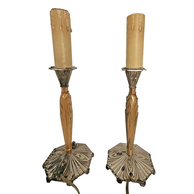 Bronze Pair of 1920s Art Deco Bronze Candle Lamps Skyscraper Base, Nickel & Gold Plated For Sale - Image 8 of 18