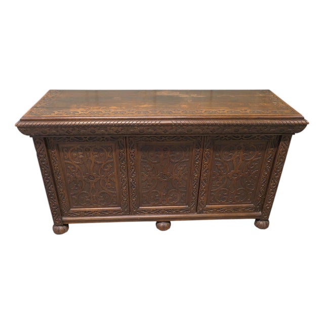 Gothic Credenza in Carved Golden Oak For Sale