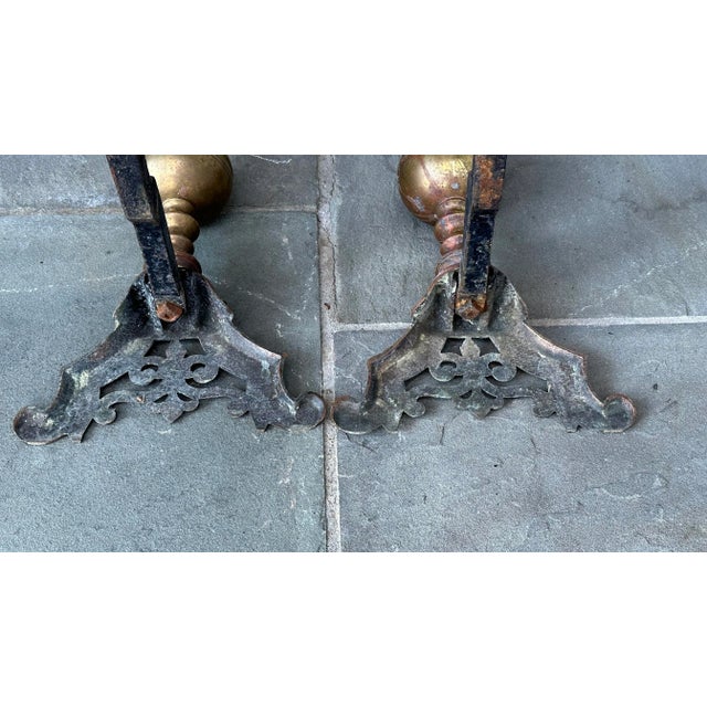 Pair of French Style Brass Andirons With Fleur De Lis For Sale - Image 9 of 11