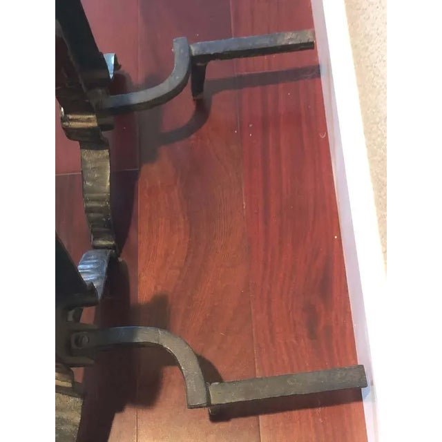 Metal Antique Mission Arts Crafts Enameled Cast Iron Brass Industrial Hammered Fireplace Andiron Set For Sale - Image 7 of 7