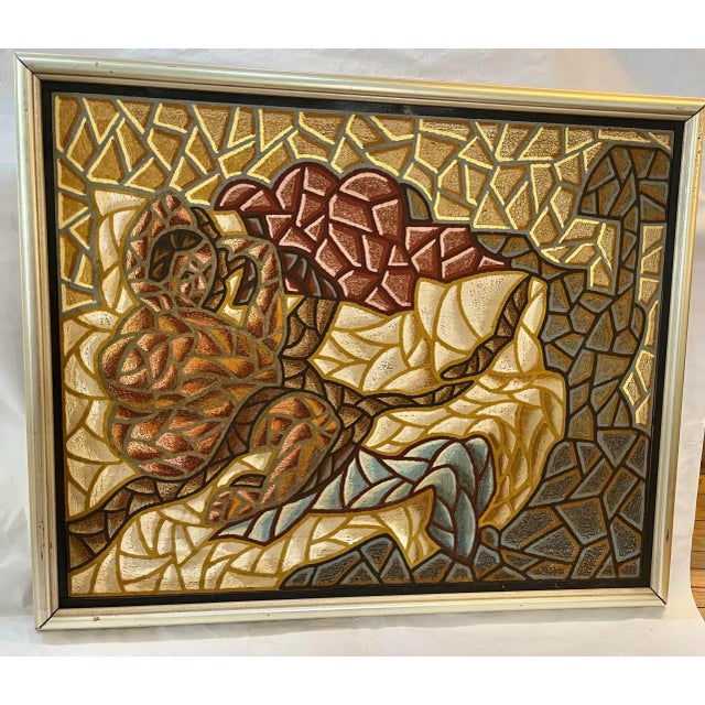 1994 painting of a woman and a cat by Gidon Ben Dor using oil and wax sticks on canvas. Abstract with cubic elements....