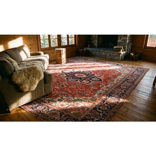 1890s Red Medallion Antique Nw Persian Serapi Rug 12'6" X 18'9" Handknotted Wool Carpet For Sale - Image 9 of 9