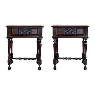 French Nightstands in Solid Carved Oak With Turned Columns, Set of 2 For Sale