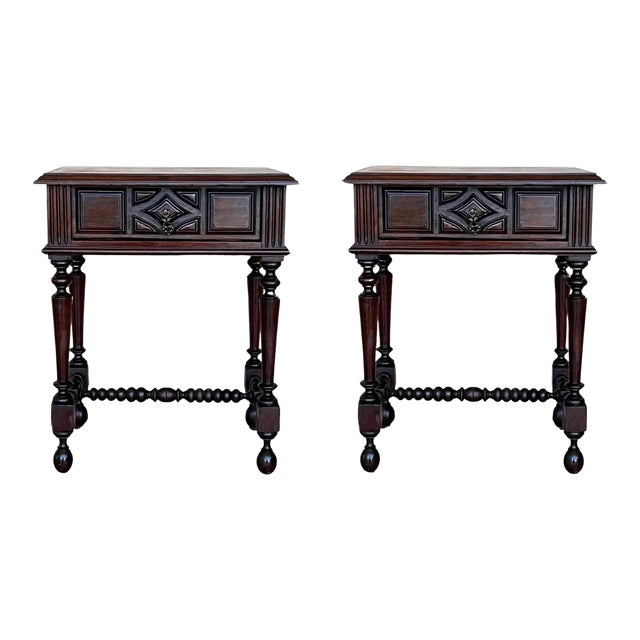 French Nightstands in Solid Carved Oak With Turned Columns, Set of 2 For Sale